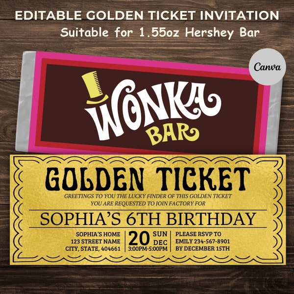 Invitación de boleto dorado, plantilla imprimible, invitación de cumpleaños de Willy Wonka, envoltorio de barra Wonka incluido, se adapta al envoltorio de chocolate Hershey.