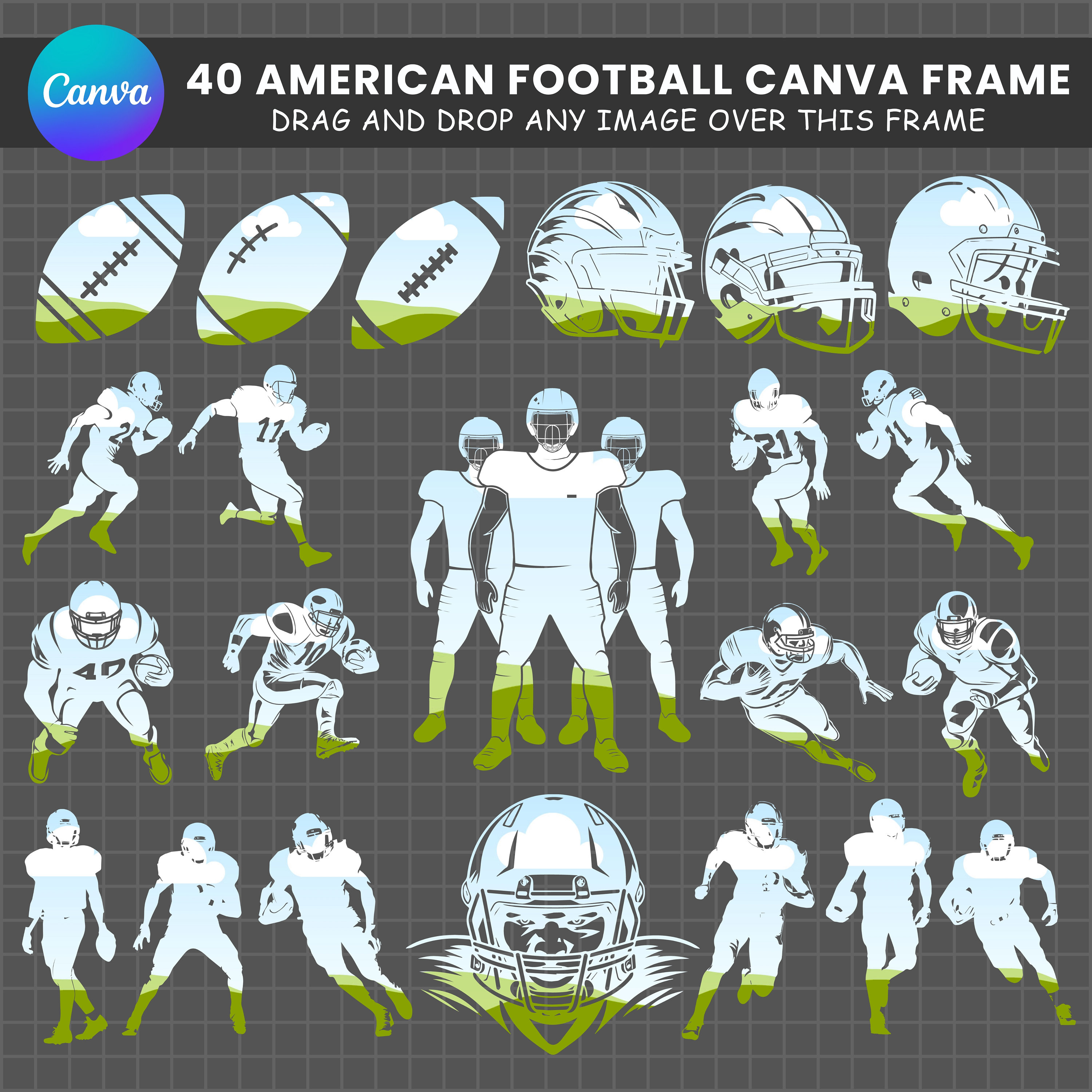 Make your Own American Football Design, Game Sports Canva Frames Bundle, Drag and Drop Photo Sublimation Template PNG, American Football PNG