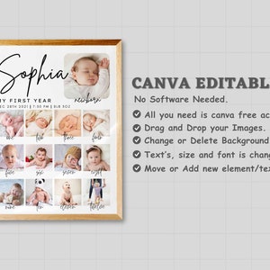 milestone birthday sign, printable baby's first year poster template, baby 1st birthday milestone board, 1st Birthday Photo Collage Sign