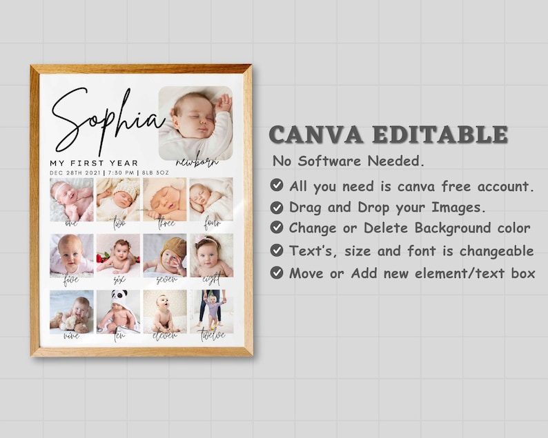 milestone birthday sign, printable baby's first year poster template, baby 1st birthday milestone board, 1st Birthday Photo Collage Sign