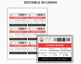 Etiquetas editáveis para carne de Halloween, etiqueta para carne de terror, guloseima de Halloween, adesivo de carne, etiquetas assustadoras de Halloween, etiqueta de zumbi, etiquetas editáveis.