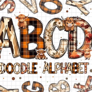 Highland Cow Lover Rústico Couro Doodle Letras Do Alfabeto Pacote PNG, Cow Print Country Design, Cow Print Sublimation Alpha Set Designs PNG