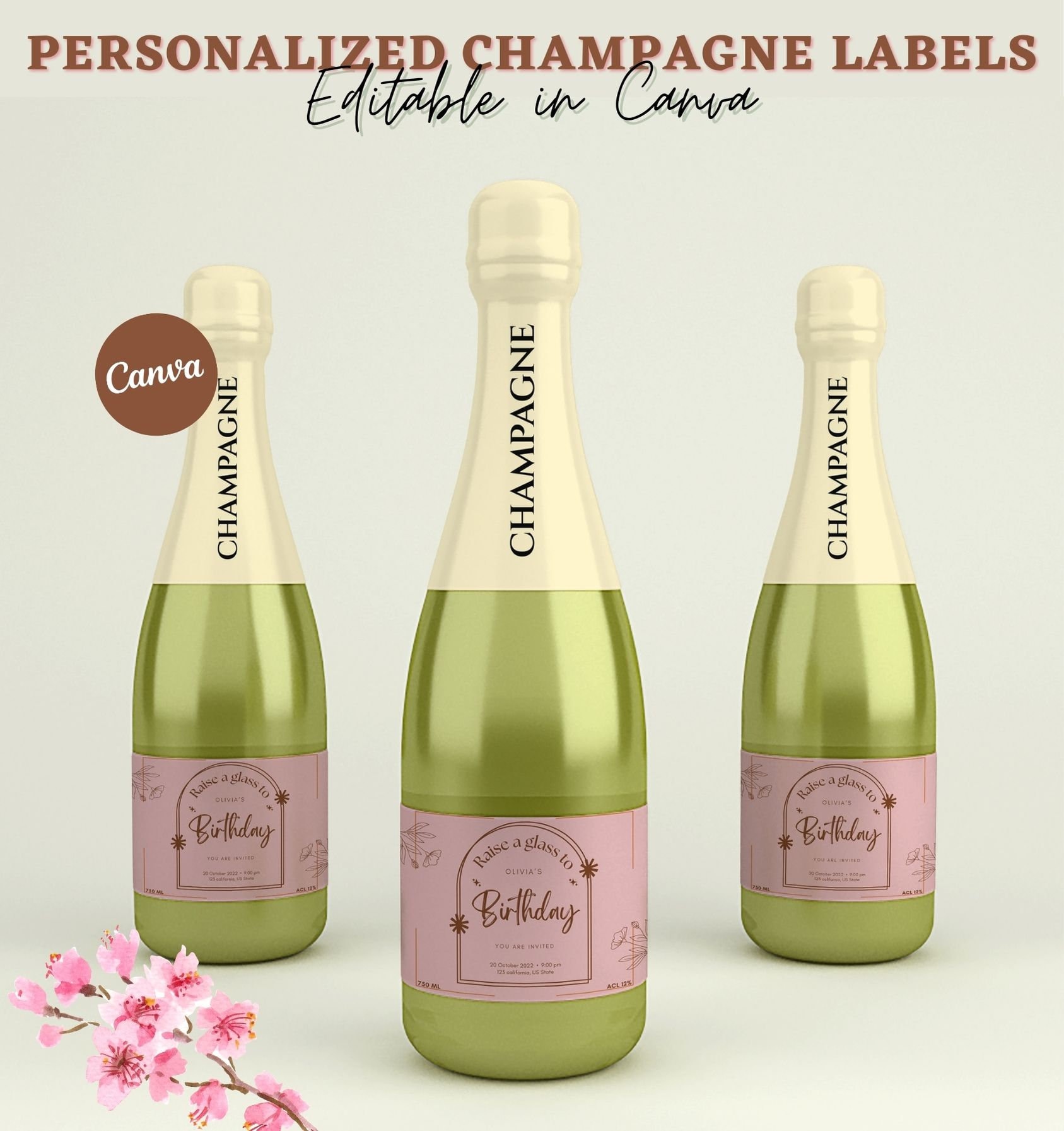 Personalized Champagne Labels, Printable Birthday Champagne Sticker Label, Editable Template, DIY Printable Candle Sticker, Canva editable