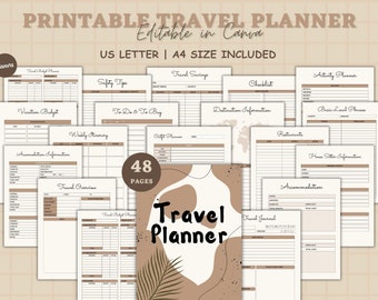 May include: Printable travel planner with 48 pages, editable in Canva. The planner includes sections for travel budget, safety tips, to-do list, weekly itinerary, outfit planner, destination information, restaurants, basic local phrases, house sitter information, accommodation, and a travel journal. The planner is designed with a brown and white color scheme and features a stylized illustration of a palm leaf.