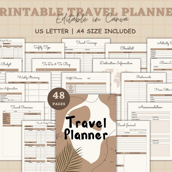 30+ page Travel Planner Printable BUNDLE, trip planner, vacation, roadtrip diary, travel templates, holiday notebook, journal, packing list
