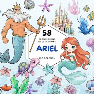 Ariel Clipart | Little Mermaid PNG | Mermaids Clipart | Princess Ariel | Sebastian Flounder | Ocean Triton | Seahorse | Underwater Clipart.