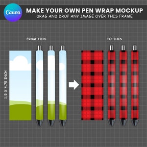 Op de afbeelding: Een mockup die laat zien hoe je een pen kunt inpakken met een aangepast ontwerp. De afbeelding toont een pen met een hemel- en grasontwerp aan de linkerkant en een pen met een rood-zwart geruit ontwerp aan de rechterkant. De tekst "1.5 x 4.75 INCH" is zichtbaar aan de linkerkant van de afbeelding.