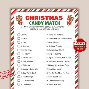 Könnte beinhalten: Ein druckbares "Christmas Candy Match" Spiel mit einem rot-grünen Rand. Das Spiel beinhaltet eine Liste von Süßigkeiten und Slogans zum Zuordnen. Die Worte "Christmas Candy Match" stehen oben. Erhältlich in zwei Größen.