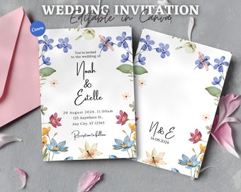Wildblumen Hochzeit Einladung Vorlage, druckbare Hochzeitseinladung, Hochzeitseinladung, Boho Wildblumen Einladung, Blumenkranz, Canva