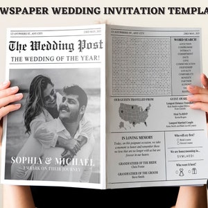 Pode incluir: Um convite de casamento em preto e branco no estilo de um jornal. O título principal é "The Wedding Post" e apresenta uma foto do casal. O convite inclui uma pesquisa de palavras, um mapa dos Estados Unidos e uma seção de prêmios para os convidados.
