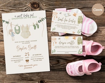 Boy Baby Shower Invitation Set Template, Diaper Sign, Book, Boho Baby Shower Invitation, Baby Clothes Shower, Baby Template, Canva Editable