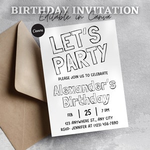 Modèle d'invitation d'anniversaire noir et blanc simple, tout âge, faire-part d'anniversaire à téléchargement immédiat pour garçons adolescents enfants filles, bricolage sur toile