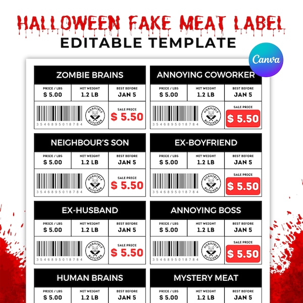 Editable Halloween Meat Labels, Fake Meat Label, Halloween Treat, Meat Sticker, Canva, Zombie label, Editable Labels, Editable Template