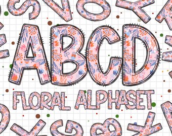Pink Floral Alphabet Letters PNG, Summer Mother's Day Flower Watercolor, Hand Drawn Doodle, Sublimation Alpha Set Designs PNG, Floral Letter