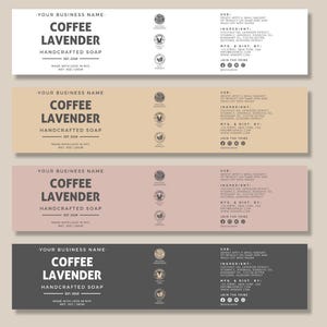 May include: Four rectangular soap labels in white, beige, pink, and grey, each with the text "Coffee Lavender Handcrafted Soap." The labels include the business name, the year 2018, and the phrase "Made with love in NYC."