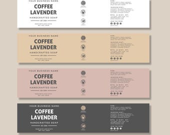 May include: Four rectangular soap labels in white, tan, pink, and gray, each with the text "Coffee Lavender Handcrafted Soap." The labels include the business name, the year 2018, and the phrase "Made with love in NYC."