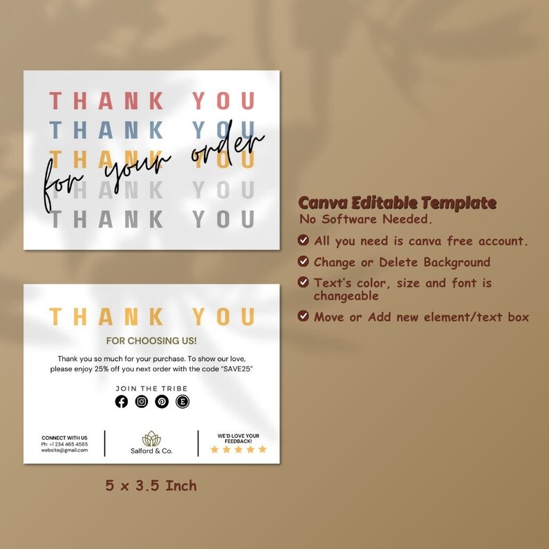 Editable Small Business Thank You Card Canva Template, Printable Boho ...