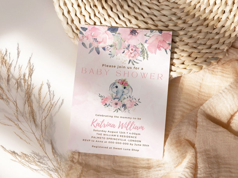 EDITABLE Blush Pink Rose Gold Elephant Baby Shower Invitation Girl Baby ...