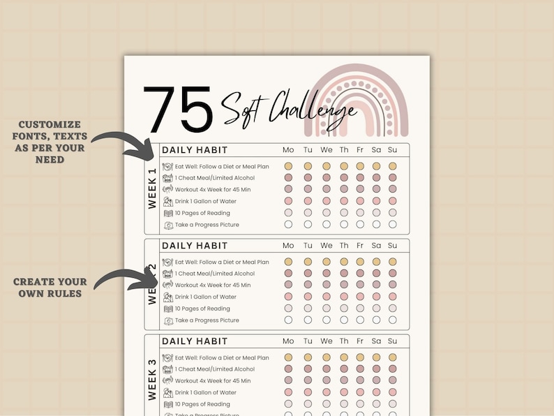 75 Soft Challenge Tracker, Daily 75 Soft Challenge journal, 75 Soft Challenge, 75 Day Challenge Printable, Fitness Journal, Habit Tracker