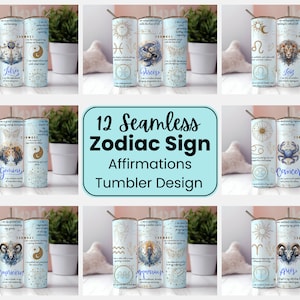 12 Zodiac Tumbler Wrap Zodiac Sign Affirmation 20 oz Skinny Tumbler Sublimation Designs bundle Szablony Prosty projekt PNG Tumbler Wrap