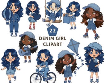 Denim girl clipart | Playful clipart | Jeans Girl Clipart | Fashion girl clipart | Casual Outfit PNG | girls Life clipart | Denim Blue Jeans