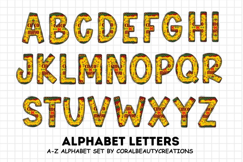 Fiesta Doodle Alphabet Bundle, Fiesta PNG Letters, Numbers & Accessories, Cinco de Mayo Clipart, Mexican Font, Fiesta Clipart, Alphabet PNG