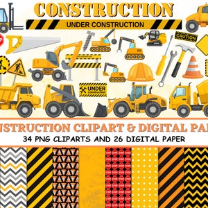 Kit di clipart e documenti di COSTRUZIONE, attrezzi per bulldozer cono gru per trattore cacciavite a martello, clipart di costruzione Png, documenti neri arancioni