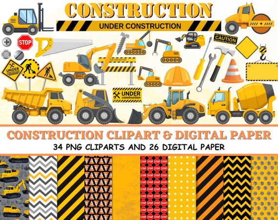 CONSTRUCTION Clipart and Papers Kit, tractor crane cone bulldozer tools hammer screwdriver, construction clipart Png, orange black papers