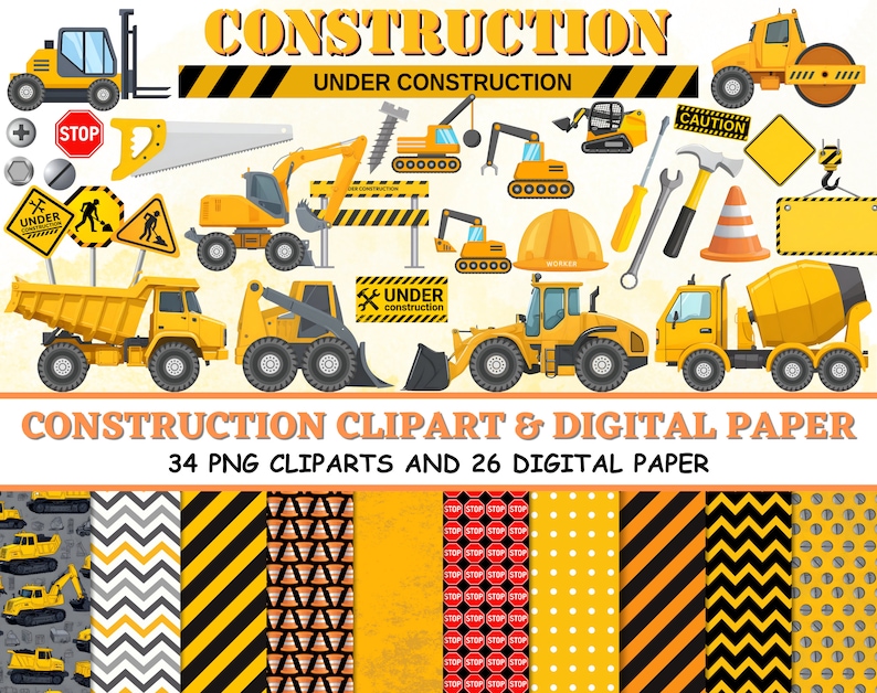 CONSTRUCTION Clipart and Papers Kit, tractor crane cone bulldozer tools hammer screwdriver, construction clipart Png, orange black papers