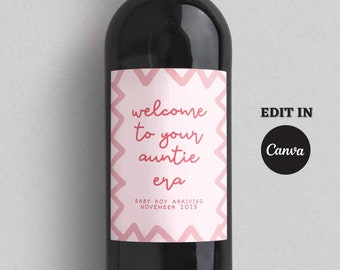 Auntie Era Pregnancy Announcement Wine Label Template, Pink, Red, Auntie Wine Label, Pregnancy Announcement Aunts, Canva Editable