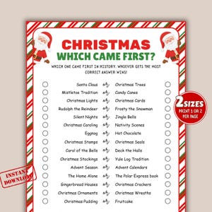 Könnte beinhalten: Ein druckbares Weihnachtsspielblatt mit einem rot-grünen Rand. Der Titel "CHRISTMAS WHICH CAME FIRST?" steht oben. Das Spiel listet weihnachtliche Gegenstände auf, um festzustellen, was zuerst kam. Enthält "2 SIZES PRINT 1 OR 2 PER PAGE".