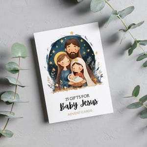 25 Geschenke für Baby Jesus Adventskarten, christlicher Weihnachts-Countdown, Adventskarten für Kinder, druckbarer Weihnachtsadventskalender, Christus.