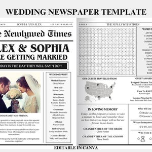 Op de afbeelding: Een bruiloftkrantensjabloon met een zwart-wit ontwerp. De kop is "The Newlywed Times" met de namen van het paar "Alex & Sophia" en de tekst "Are Getting Married". De krant bevat een foto van het paar, een lijst met de bruiloftsgasten, een kaart van de Verenigde Staten, een woordzoeker en een sectie met gastenprijzen.