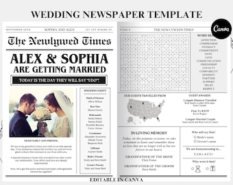 Editable Newspaper Wedding Program Template, Unique Wedding Program, Newlywed times, Editable Wedding Infographic, Newspaper program.