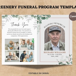 以下が含まれることがあります： 「Greenery Funeral Program Template」のテキストが入った葬儀プログラムテンプレート。男性の写真、「In Loving Memory of Richard Williams」のテキスト、06.12.1940 - 15.06.2024の日付が含まれています。テンプレートはCanvaで編集可能です。