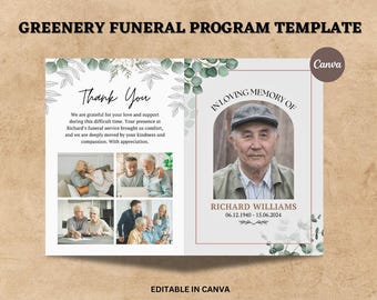 Bewerkbare sjabloon begrafenisprogramma, groene volgorde van betekening, viering van het leven van uitvaartprogramma, overlijdensprogramma, uitvaartdienst.
