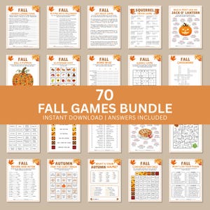 May include: A bundle of 70 fall-themed games, including trivia, crossword puzzles, and bingo. Each game sheet has a decorative fall leaf and pumpkin design. The title "70 Fall Games Bundle" is displayed in large text.