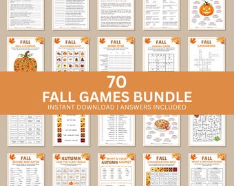 Op de afbeelding: Een bundel van 70 herfstspellen, waaronder trivia, kruiswoordpuzzels en bingo. Elk spelblad heeft een decoratief herfstblad- en pompoenontwerp. De titel "70 Fall Games Bundle" wordt in grote letters weergegeven.