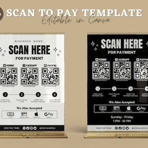 Puede incluir: Dos carteles imprimibles en blanco y negro para escanear y pagar con códigos QR para Venmo, Cash App y PayPal. Los carteles también incluyen instrucciones sobre cómo usar los códigos QR y una lista de otros métodos de pago aceptados, incluidos efectivo, tarjetas de crédito, Apple Pay y Google Pay. Los carteles también incluyen el nombre del negocio, las cuentas de redes sociales y el horario de atención.