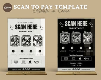 Plantilla de signo de escaneo retro para pagar, signo de código QR, signo de pago imprimible, signo de pagos aceptados, signo de Paypal de CashApp, signo de pago aquí