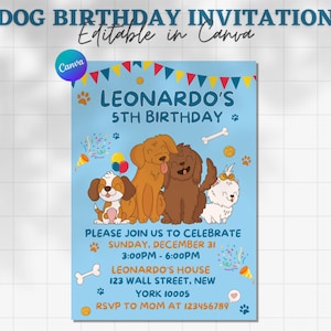 Blue Dog Birthday Invitation Canva Editable, Editable Kids Party Invite, Dog Birthday Invitation, Boys Birthday Party Invite, Dog Birthday