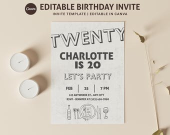 Plantilla de invitación de cumpleaños sencilla en blanco y negro, para cualquier edad, tarjeta de invitación sencilla, invitación para niños, adolescentes, niñas, fiesta sencilla, Canva DIY
