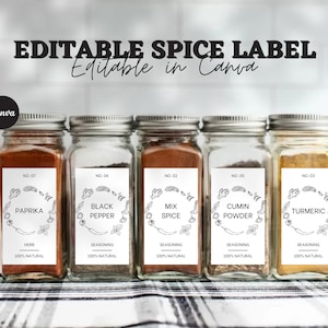 Modello di etichette per barattoli di spezie, etichetta per barattoli di spezie minimalista moderna, etichetta per barattoli di spezie, etichetta per spezie fai da te, etichetta per cereali, etichetta Canva, etichetta modificabile