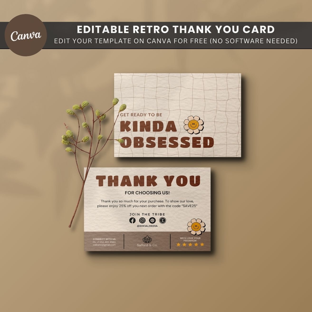 Retro Thank You Card Template, Editable Small Business 70s Groovy Thank ...
