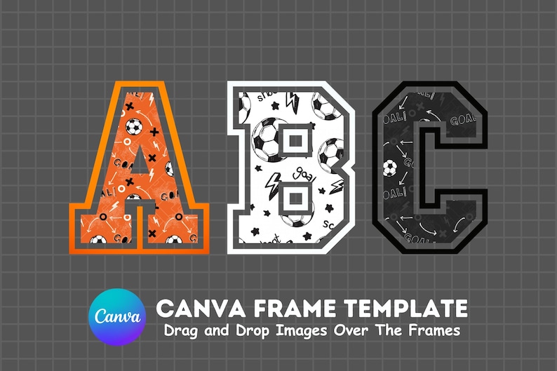 Fill your own VARSITY Letters on CANVA with Commercial Use Allowed. Drag and Drop Alphaset Alphabet Letters PNG Editable Canva Frame Designs