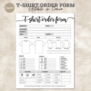 Fillable T-Shirt Order Form Editable, Printable Shirt Order Form, Editable Small Business Order Forms PDF, Business Printables, Canva Edit