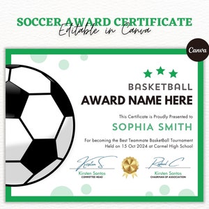 Soccer Award Certificate Editable Canva Template, Printable Award End of Season Ceremony Soccer Awards, Soccer Participation Award