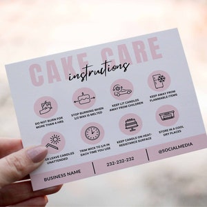Cake Care Cards Bundle, Editable Cake Cutting Guide Cards, Printable Cake Business Thank You, Cake Business Packaging Canva Template.
