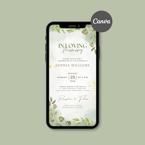 Groene begrafenis digitale uitnodiging, e-uitnodiging viering van het leven, elektronische begrafenisuitnodiging, in liefdevolle herinnering, begrafenissjabloon.