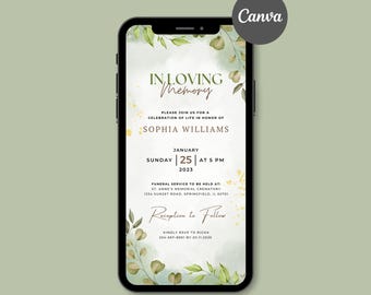 Greenery funeral digital Invitation, Celebration of Life E-invite, Electronic Funeral Invitation, in loving memory, Funeral Template.